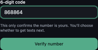 Step 1: entering the code that confirms the number; the screen says this only confirms the number