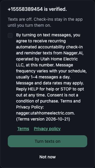 Step 2: disclosure with an unchecked box; the Turn texts on button is disabled